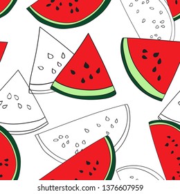 Seamless Repeat Pattern With Juicy Watermelon Slices And Black Outline