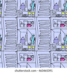 Seamless repeat pattern kitchen surface design vector of pantry cupboard buffet restaurant cafe sauces tea. Kawaii background cute
