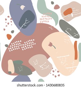 Seamless repeat pattern with leaves and abstract forms of natural color on a white background. Hand drawn fabric, gift wrap, wall art design.