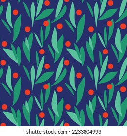 Seamless repeat pattern of leaves and berries on navy blue ground. Floral vector illustration perfect for gift, wallpaper, stationery, cards, wrapping, scrapbooking, surface designs, prints, textiles.