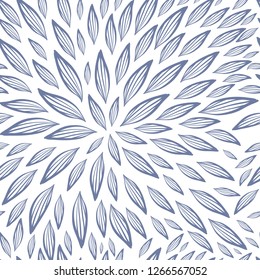 Seamless repeat pattern with leaves in blue on white background. Hand drawn fabric, gift wrap, wall art design.