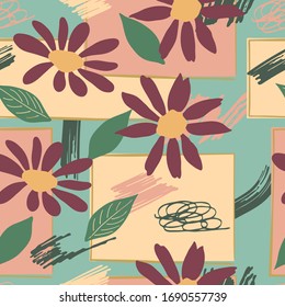 seamless repeat pattern with leaves, flowers and brush strokes