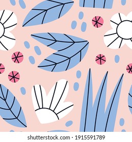 Seamless repeat pattern with leaves and flowers on pink background. Hand drawn fabric, gift wrap, wall art design.