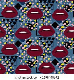 seamless repeat pattern with lips, hearts and geometric shapes