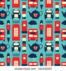 Seamless repeat pattern with London symbols in red, white and blue.