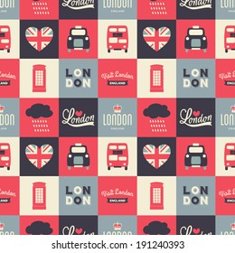 Seamless repeat pattern with London symbols in white, red and blue. svg
