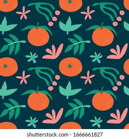 seamless repeat pattern with mandarins, flowers and leaves