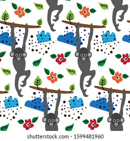 seamless repeat pattern with monkeys, flowers and leaves