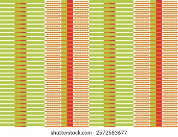 Seamless repeat pattern. Multitude of horizontal rectangles like bricks in uneven sizes. Shades of green with red background. tiny checks