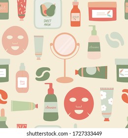 Patrón de repetición sin inconvenientes de los productos y herramientas de cuidado de la piel. Máscara, espejo, limpiador, crema, niebla facial, hidratante, loción de ilustración vectorial plana.
