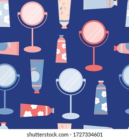 Patrón de repetición sin inconvenientes de productos y herramientas de cuidado de la piel natural.Cremas de mano y espejos ilustración vectorial plana.