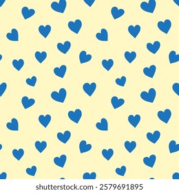 Seamless repeat pattern with navy blue hand drawn doodle hearts on cream background. Simple cute Valentines day background.