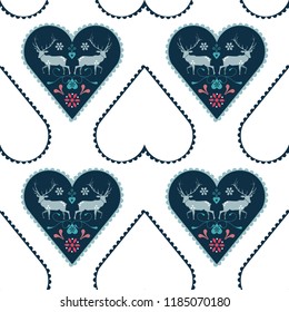 Seamless repeat pattern nordic folk art elk with hearts and flowers