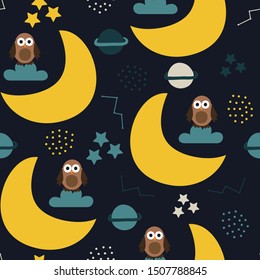 seamless repeat pattern with owls, moons and stars