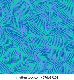 Seamless repeat pattern with palm tree leaves in blue and green. EPS 10 file, transparency effects used.