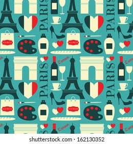 Seamless repeat pattern with Paris symbols in red, white and blue.