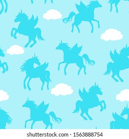 Seamless repeat pattern with pastel aqua blue winged unicorns pegacorns silhouettes flying in blue sky with clouds