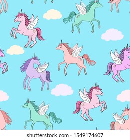 Seamless repeat pattern with pastel colors winged unicorns pegacorns flying in blue sky with clouds