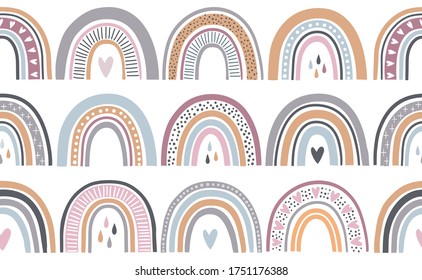 Seamless repeat pattern in pastel colors with rainbows in in scandinavian style. 

