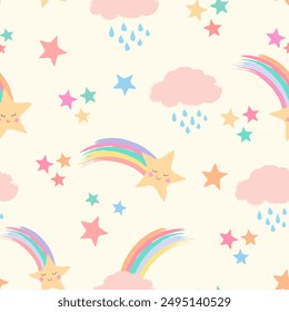 Seamless repeat pattern in pastel colors with shooting stars with cute smiling faces, rainbows and clouds with raindrops on cream. Kids, baby packaging, bedding, apparel and more.