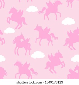 Seamless repeat pattern with pastel pink winged unicorns pegacorns silhouettes flying in pink sky with clouds