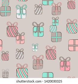 Seamless repeat pattern with pastel vintage retro colored birthday presents gifts stacked on a neutral background