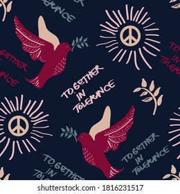 Seamless repeat pattern with Peace dove and olive branch on dark blue background