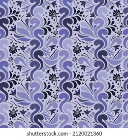 Seamless repeat pattern. Periwinkle colors. Pantone color veri peri. Flowy shapes. Norwegian flower folk art. 