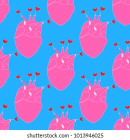 Seamless repeat pattern with pink heart (the internal organ) on blue background, vector illustration. Modern and original textile, wrapping paper, wall art design.