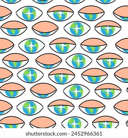 seamless repeat pattern planet earth eyes in vector in flat style. template for backdrop, print, wrapping, wallpaper