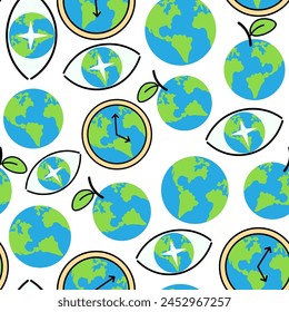 seamless repeat pattern planet earth eyes clock apple in vector in flat style. template for backdrop, print, wrapping, wallpaper