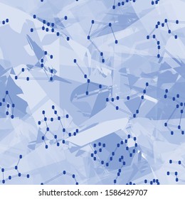 Seamless repeat pattern print of connected dots with lines in the figure of constellation. Isolated at a background of abstract shapes. Color scheme of light blue tints. Vector design. Artwork sky.