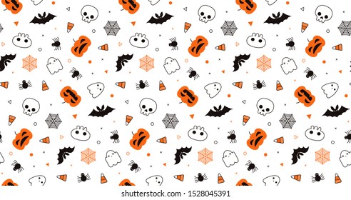 Seamless Repeat Pattern With Pumpkins, Ghosts, Candy Corn, Bats, Spider Webs, Skulls, White, Orange, Black. Vector Illustration. Design Concept For Halloween Background, Packaging Wallpaper Wrapping