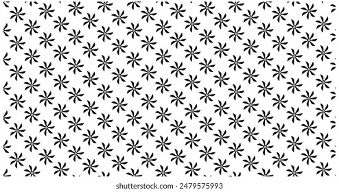 seamless repeat pattern. Randomly placed, vector flowers with leaves all over the surface are print in black and white.
