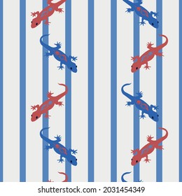 Seamless repeat pattern of red and blue gecko lizards on a background of blue vertical stripes