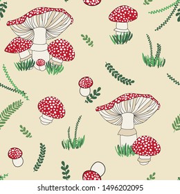 Seamless repeat pattern with red fly amanita mushrooms with white dots and green leaves on a cream background