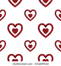 Seamless repeat pattern with red hexagon hearts on the white background. Love ornament for cards, banners, invitations, scrapbook, wrapping paper, packets. Vector illustration