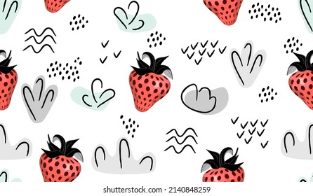 Seamless repeat pattern with ripe  strawberry in cartoon, abstract shapes and doole objects.Trendy background and texture for printing on fabric and paper.Hand drawn vector isolated illustration. 