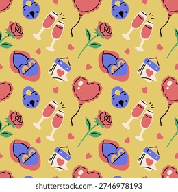 Seamless repeat pattern with romantic date night elements, including drink glass, rose flower, heart balloon, engagement ring in a box, calendar page, padlock and small hearts on a yellow background.