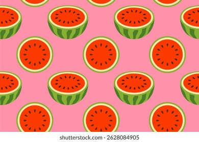 Seamless repeat pattern of round watermelon slices on pink background