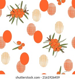 Seamless repeat pattern with  sea buckthorn berries and abstract shapes in orange colors.Fruits background and texture for printing on fabric and paper.Vector flat cartoon isolated illustration.