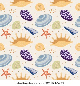 Seamless repeat pattern with seashells. Vector illustration