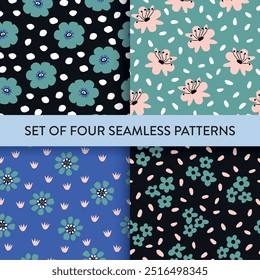 Seamless repeat pattern set with flowers, spot, drop in blue, black and white. Vector illustration. No AI generated content in this pattern collection.