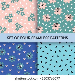 Seamless repeat pattern set.  Hand drawn simple elements. Daisy flowers, spot, drop.Vector illustration. No AI generated content in this pattern collection.