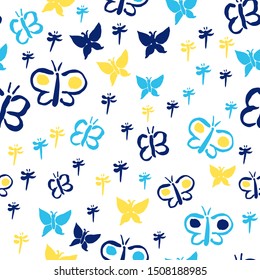 Seamless repeat pattern with simple fluttering butterfly and dragonfly blue and yellow silhouettes on a white ground