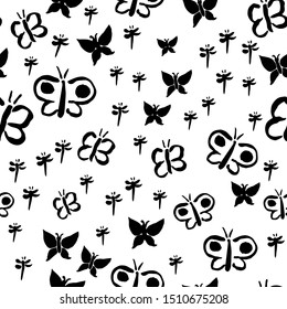 Seamless repeat pattern with simple fluttering butterfly and dragonfly black  silhouettes on white