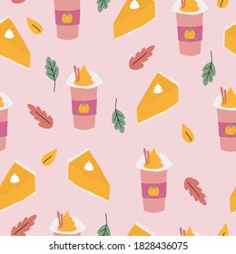 Seamless repeat pattern with slices of pumpkin pie and pumpkin spiced lattes with leaves on a pink background.