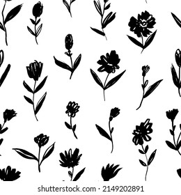 Seamless repeat pattern with small flowers. Hand drawn wild flowers with leaves. Background with decorative floral ornaments for textiles, wrappers, fabrics. Chamomile and daisy blooming. 