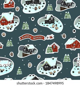 Seamless repeat pattern of snowy wooden scandinavian houses with grass on the roof, christmas trees, sheep, Happy winter text with helicopter