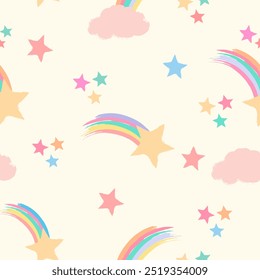 Seamless repeat pattern in soft pastel colors with shooting stars, rainbows and clouds on cream. Kids, baby packaging, bedding, apparel and more.